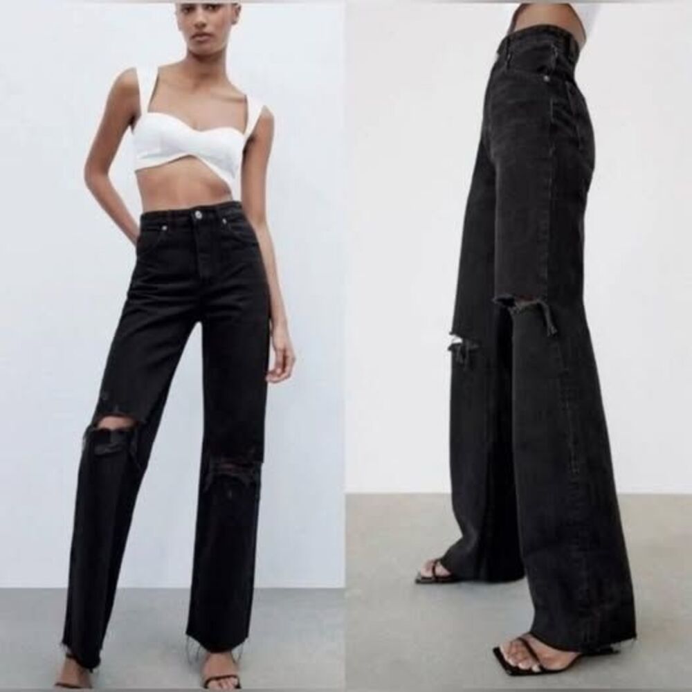 Zara Women Black High-waisted Full Length Ripped Jeans Flare Wide Leg Raw Hem